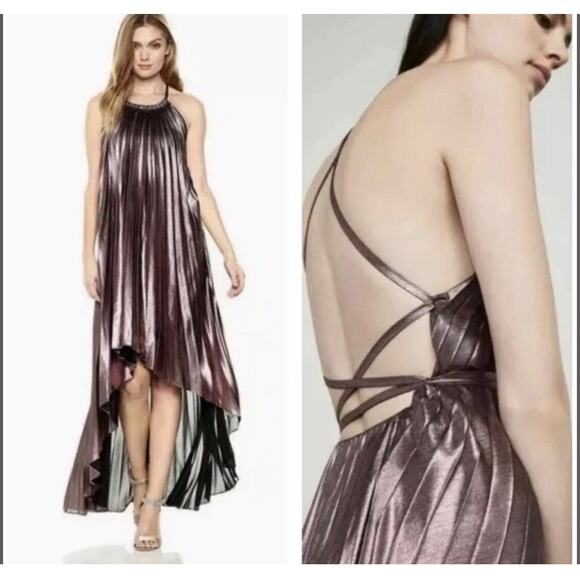 BCBG MAXAZRIA VALARIE Metallic Pleated Halter Gown Hi-Low Dress Size M NWT $368 - Picture 2 of 11